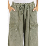 WASHED FRENCH TERRY CARGO ELASTIC WAIST WIDE LEG PANTS
