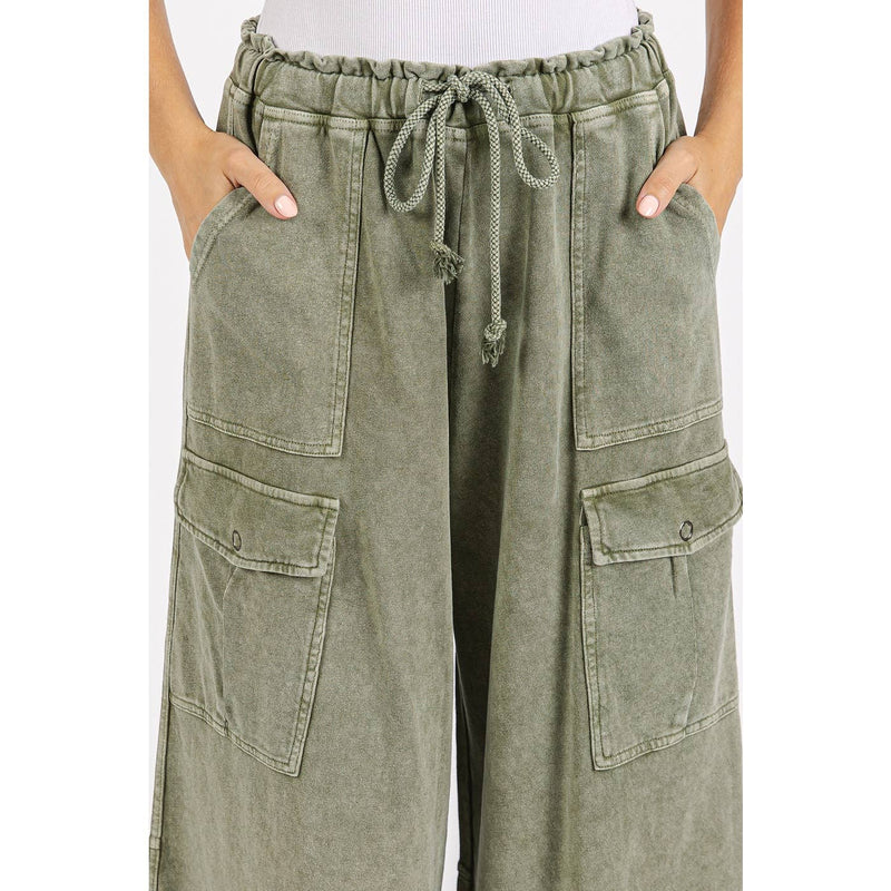 WASHED FRENCH TERRY CARGO ELASTIC WAIST WIDE LEG PANTS