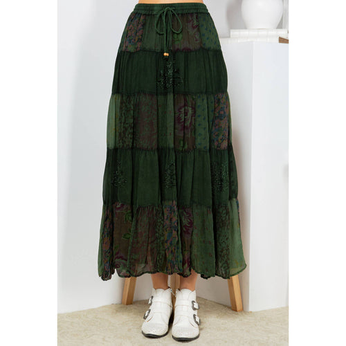Deep Green Printed Georgette Patchwork Skirt