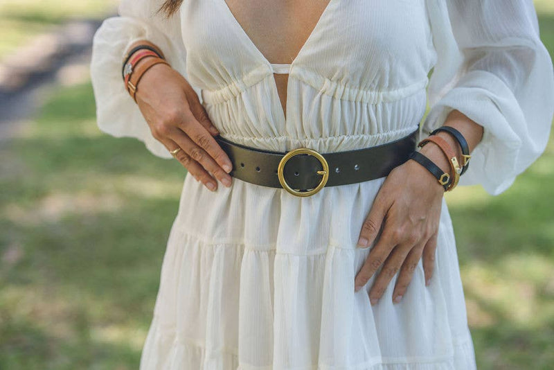 Wide Brass-Toned Circle Buckle Leather Belt in Black or Brown