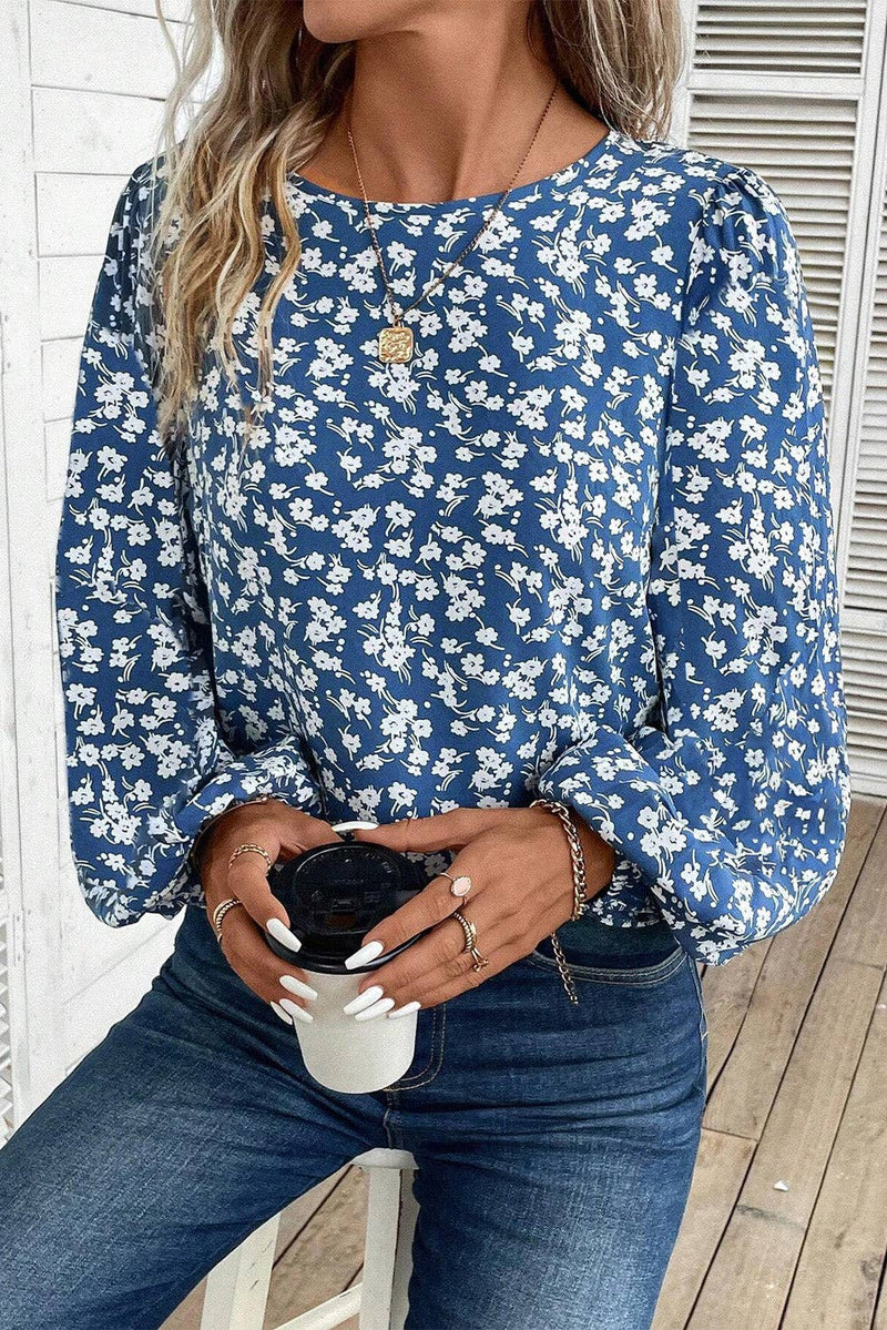 Blue Floral Print Lantern Sleeve Blouse