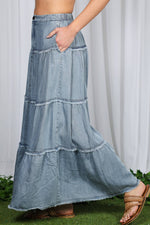 Tiered Fringe Hem Chambray Maxi Skirt