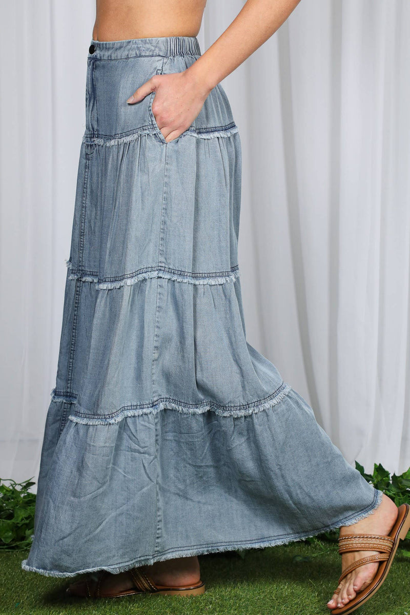Tiered Fringe Hem Chambray Maxi Skirt