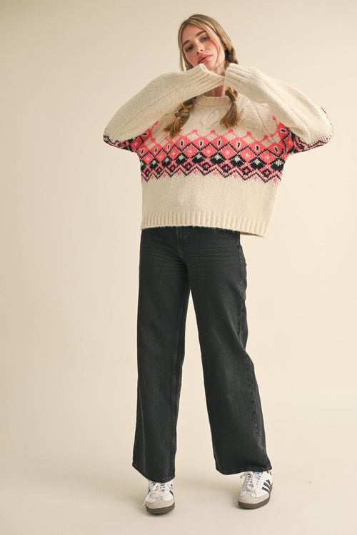 Ivory Cable Knit Fair Isle Sweater
