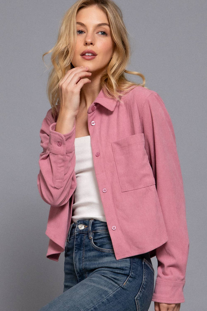 Long Sleeve Front Pocket Button Down Corduroy Crop Shirt