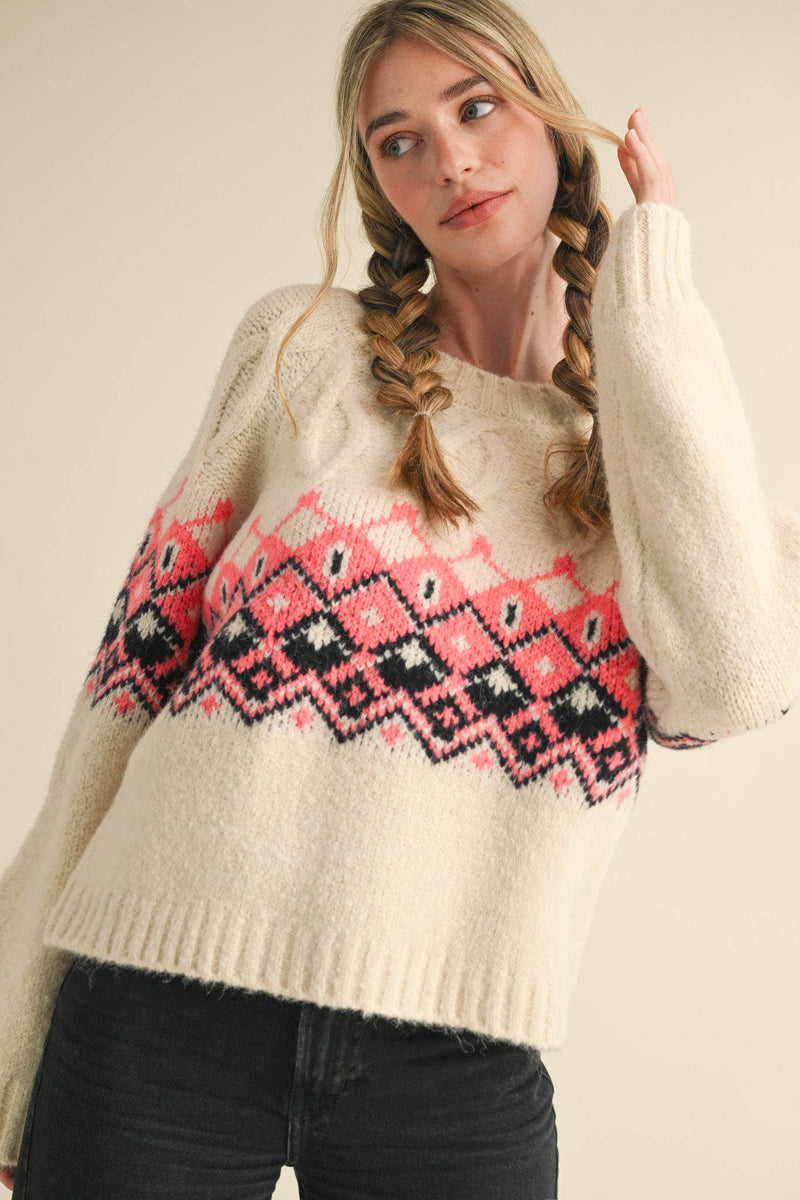 Ivory Cable Knit Fair Isle Sweater