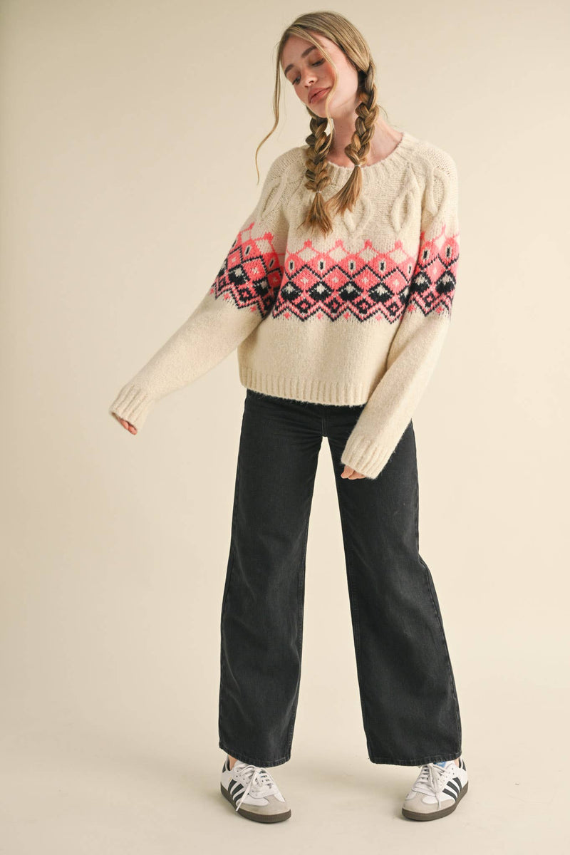 Ivory Cable Knit Fair Isle Sweater