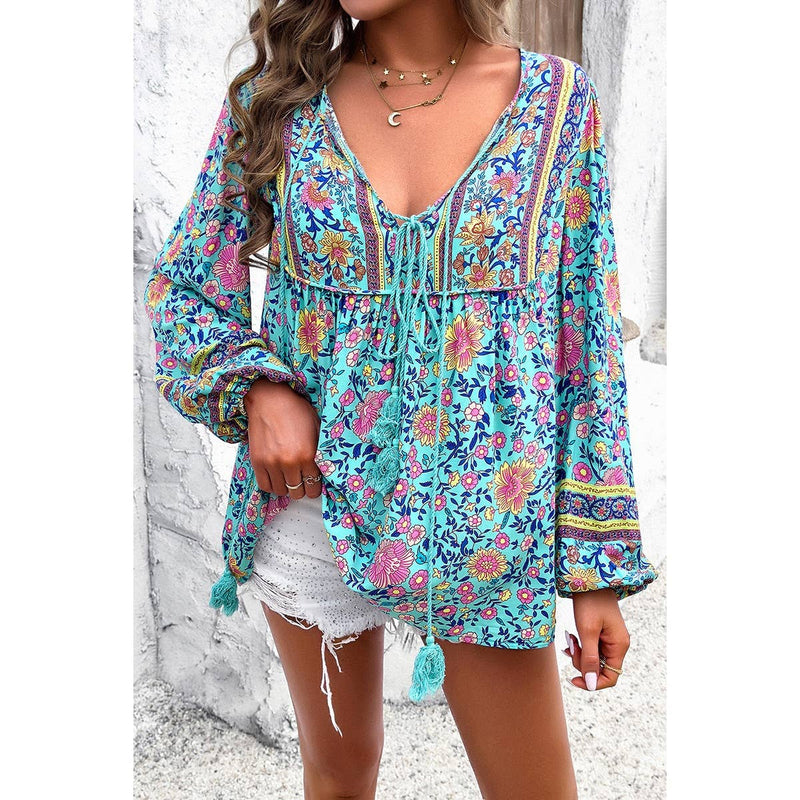 Teal Tassel Boho Blouse