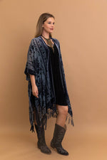 Blue Velvet Mesh Tapestry Tassel Kimono