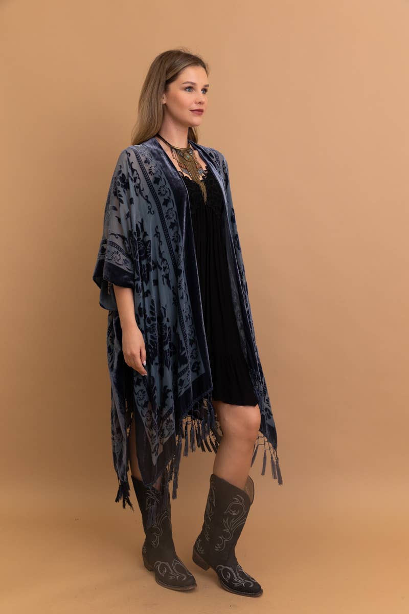 Blue Velvet Mesh Tapestry Tassel Kimono
