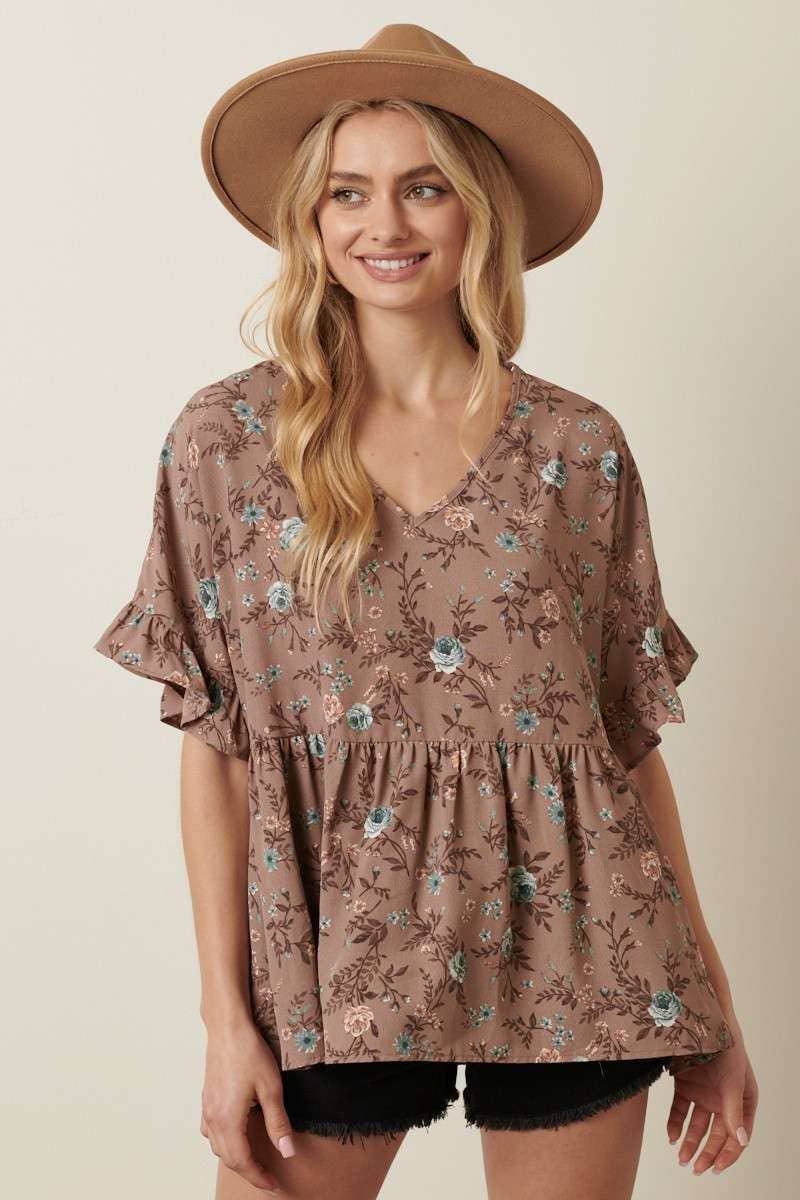 Floral Babydoll Blouse in Cream or Mocha