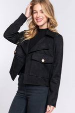 Notched Collar Open Front Faux Suede Jacket