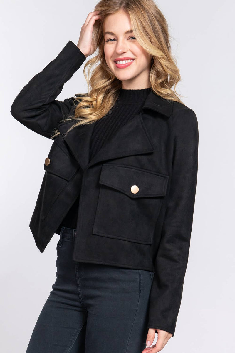 Notched Collar Open Front Faux Suede Jacket