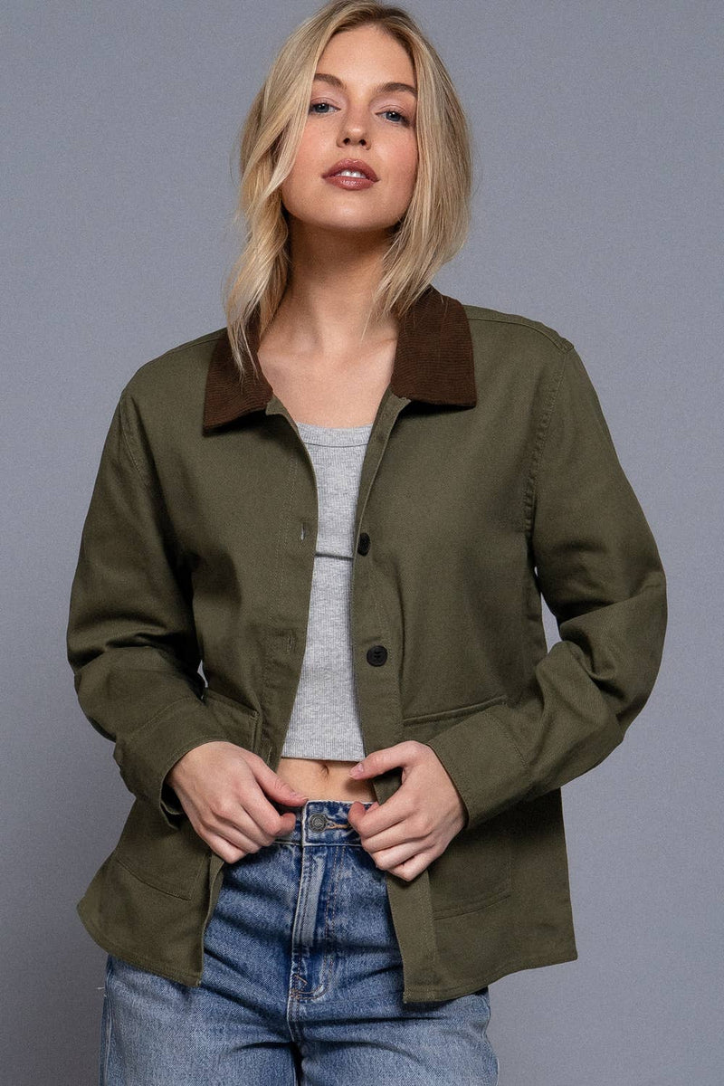 Corduroy Collar Cotton Twill Jacket