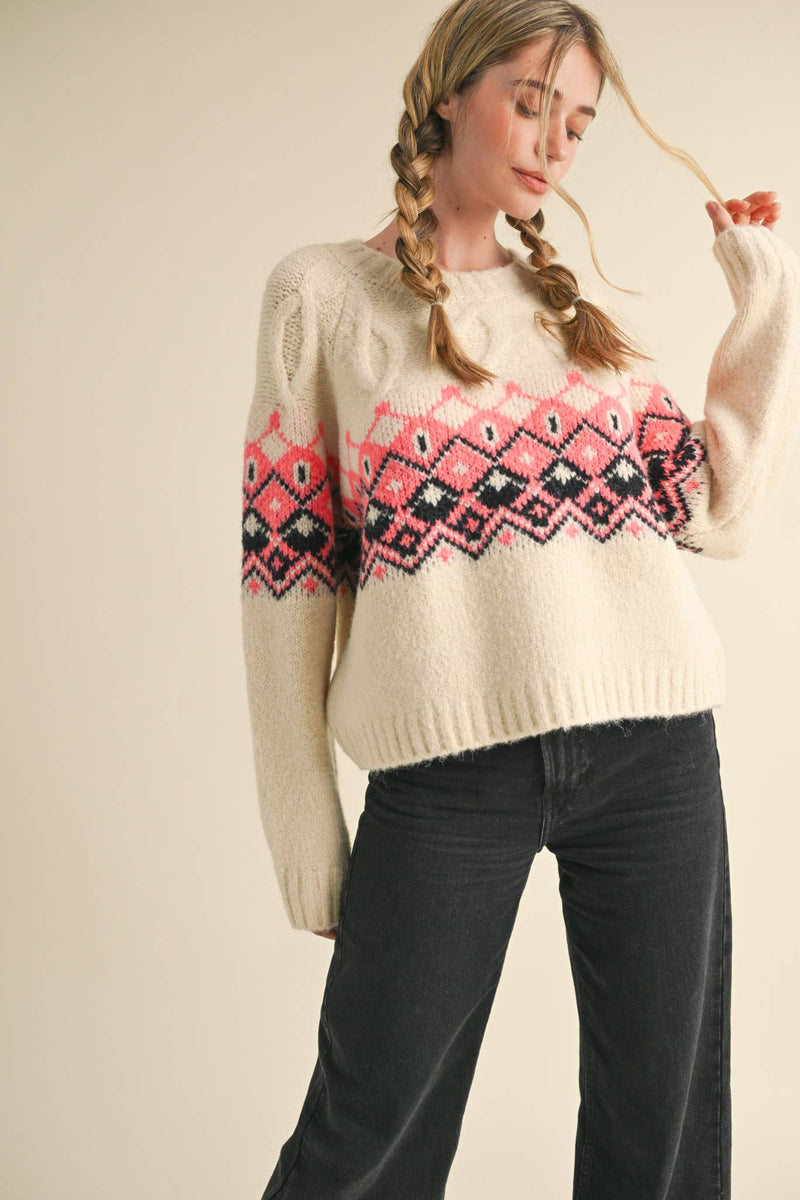 Ivory Cable Knit Fair Isle Sweater