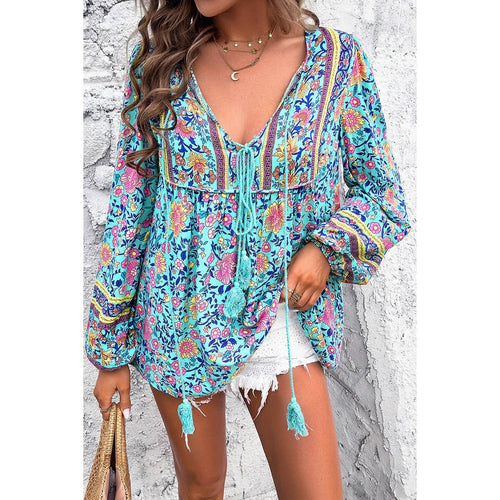 Teal Tassel Boho Blouse