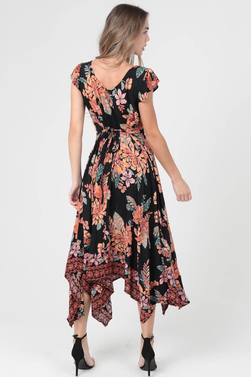 V Neck Hanky Hem Maxi Dress with Lace Trim