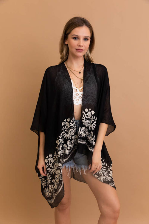 Boho Chic Floral Embroidered Kimono in Sage and in Black