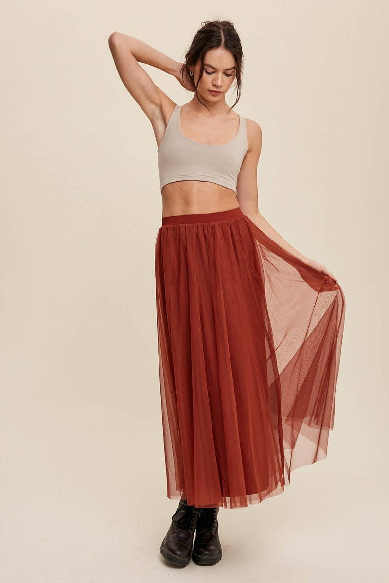 Rust Mesh Tulle Maxi Skirt