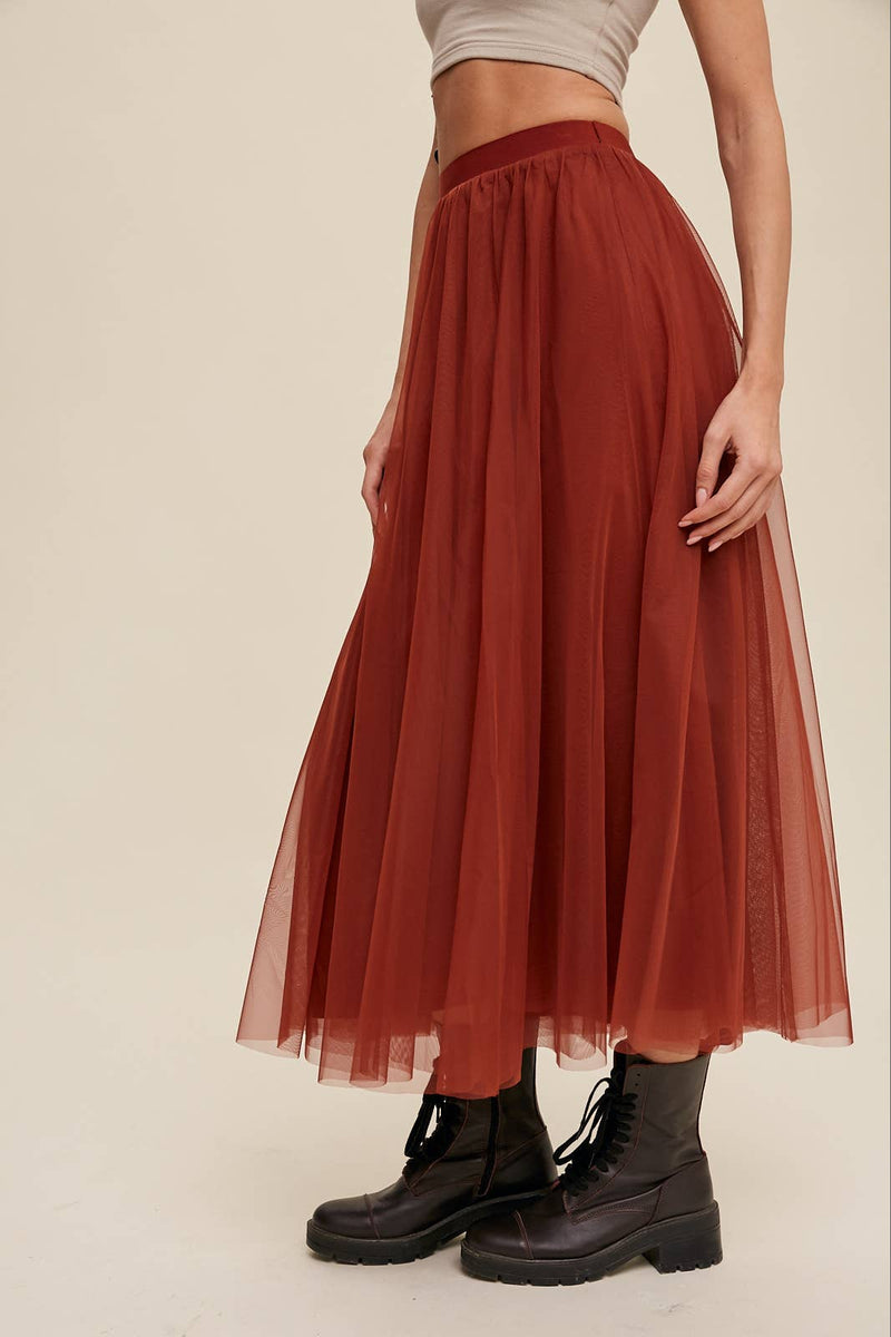 Rust Mesh Tulle Maxi Skirt