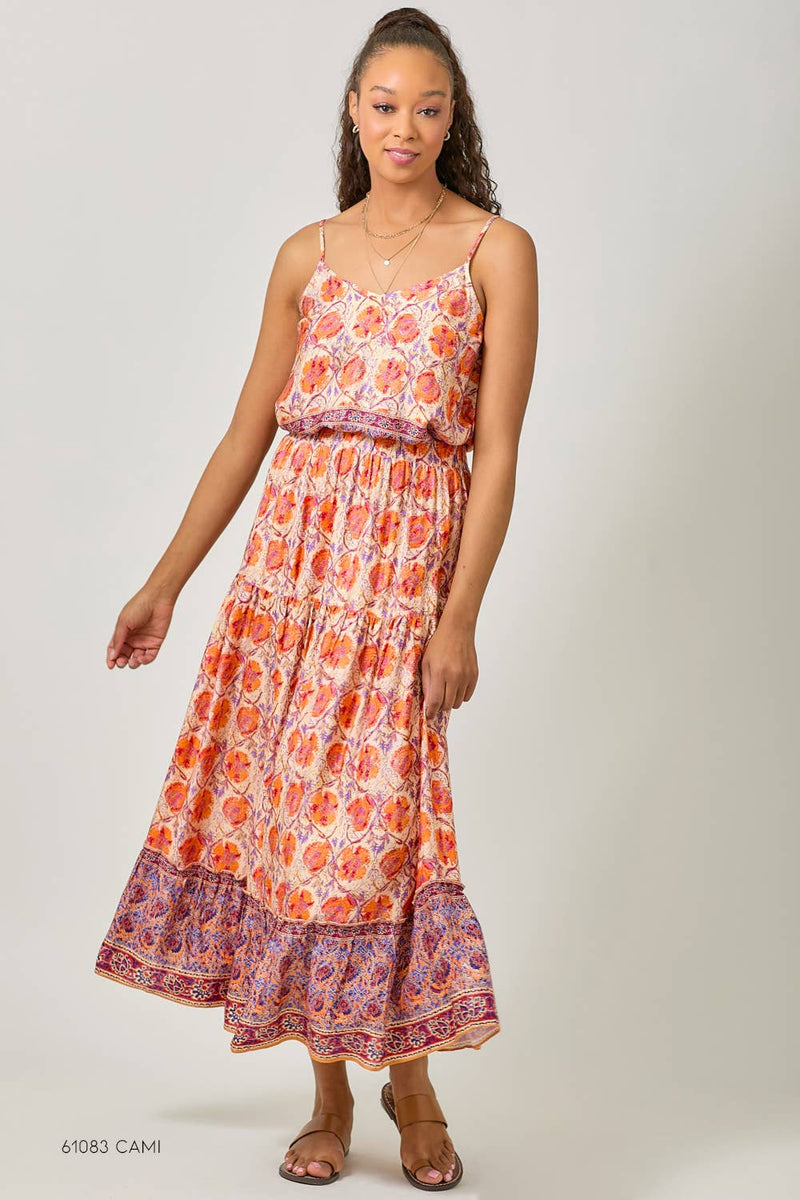 Border Print Tiered Long Skirt