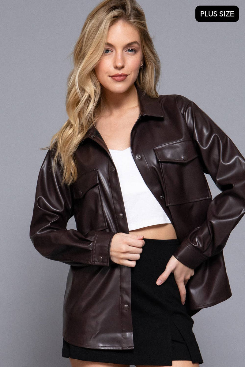 Espresso Faux Leather Shacket Plus Size