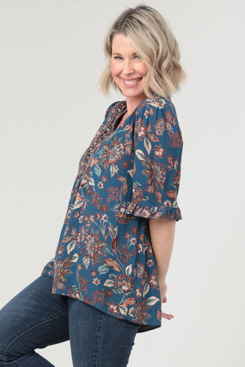 V-Neck Printed Blue Boho Blouse