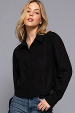 Long Sleeve Front Pocket Button Down Corduroy Crop Shirt