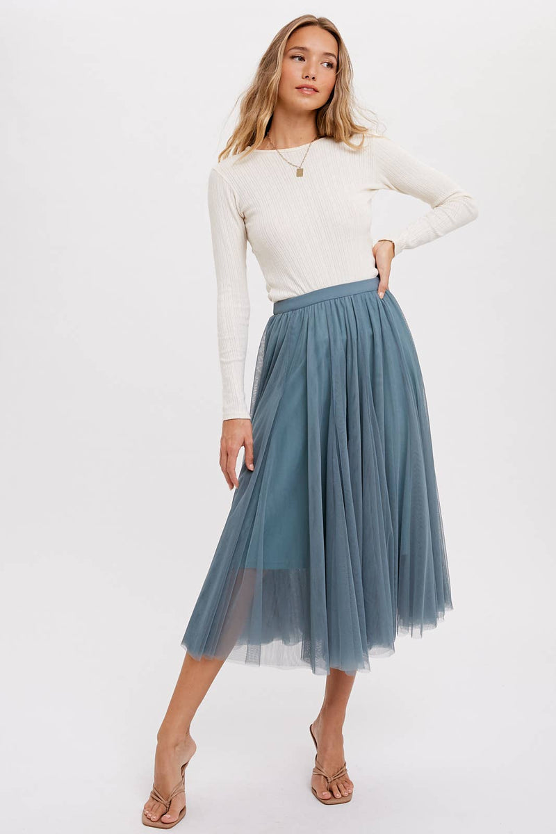 Tulle Pleated Lined Chiffon Midi Skirts