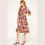 Autumn Red Floral Faux Wrap Dress