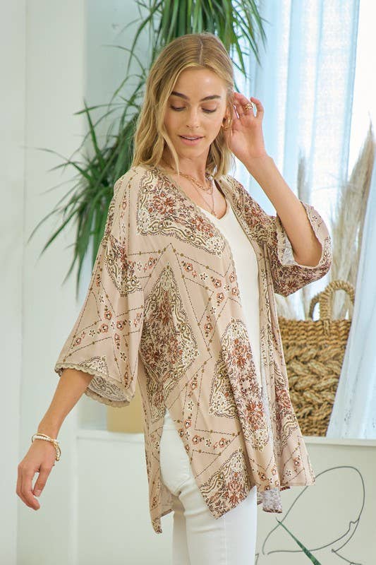 Printed Kimono With Lace Trim