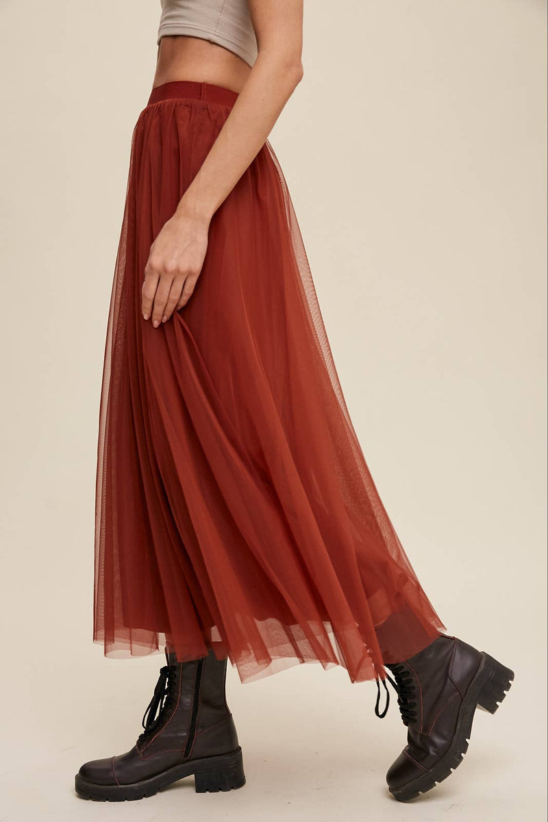 Rust Mesh Tulle Maxi Skirt