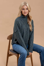 Wool Blend Textured Turtleneck Sweater in Charcoal and Dark Hunter