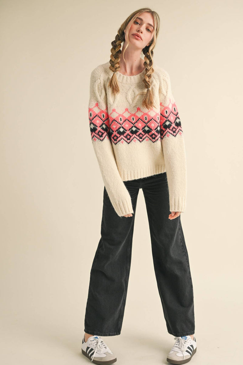 Ivory Cable Knit Fair Isle Sweater