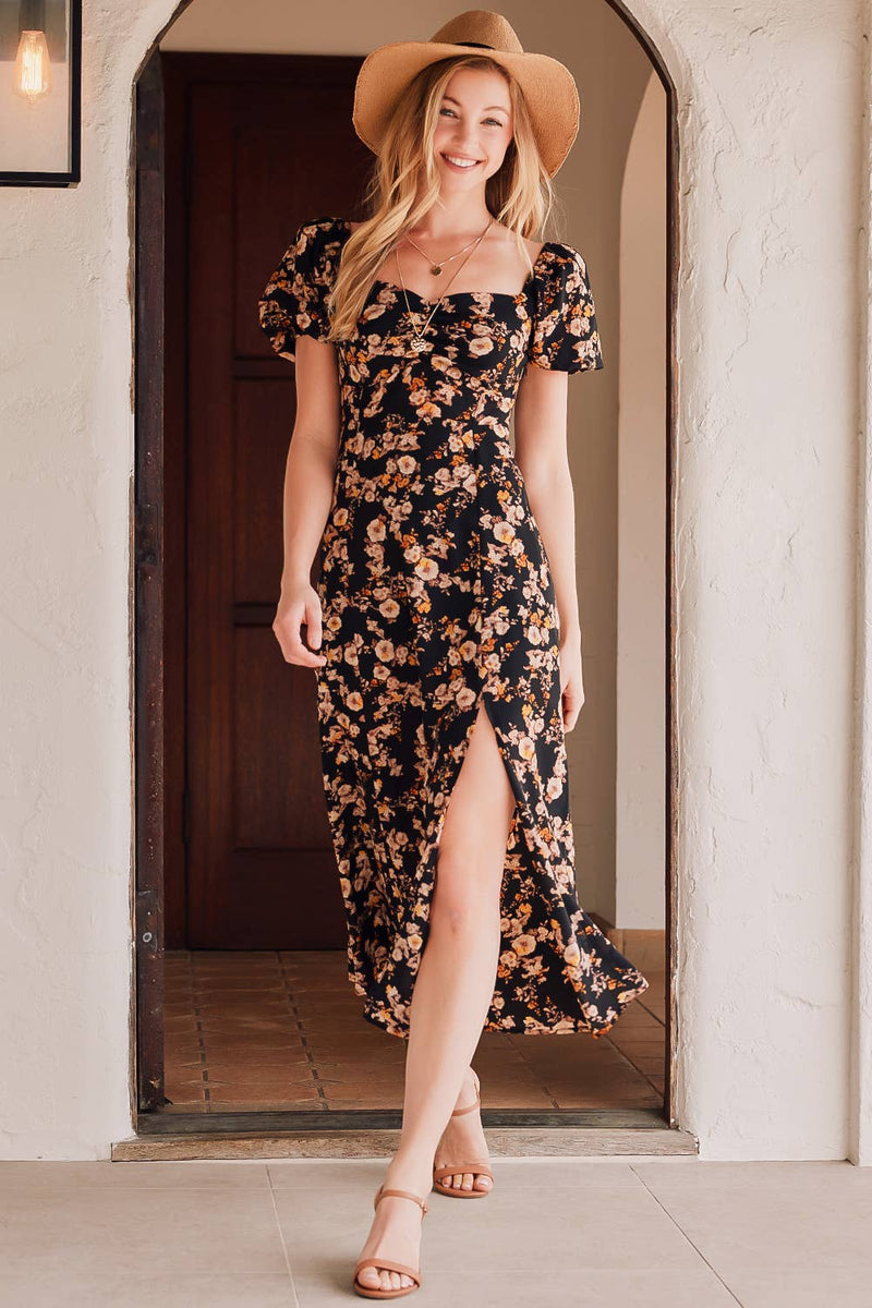 Floral Print Sweetheart Neckline Midi Dress