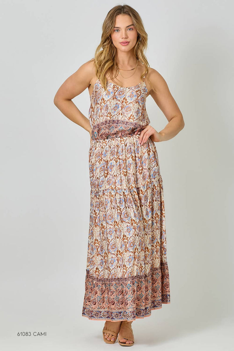 Border Print Tiered Long Skirt