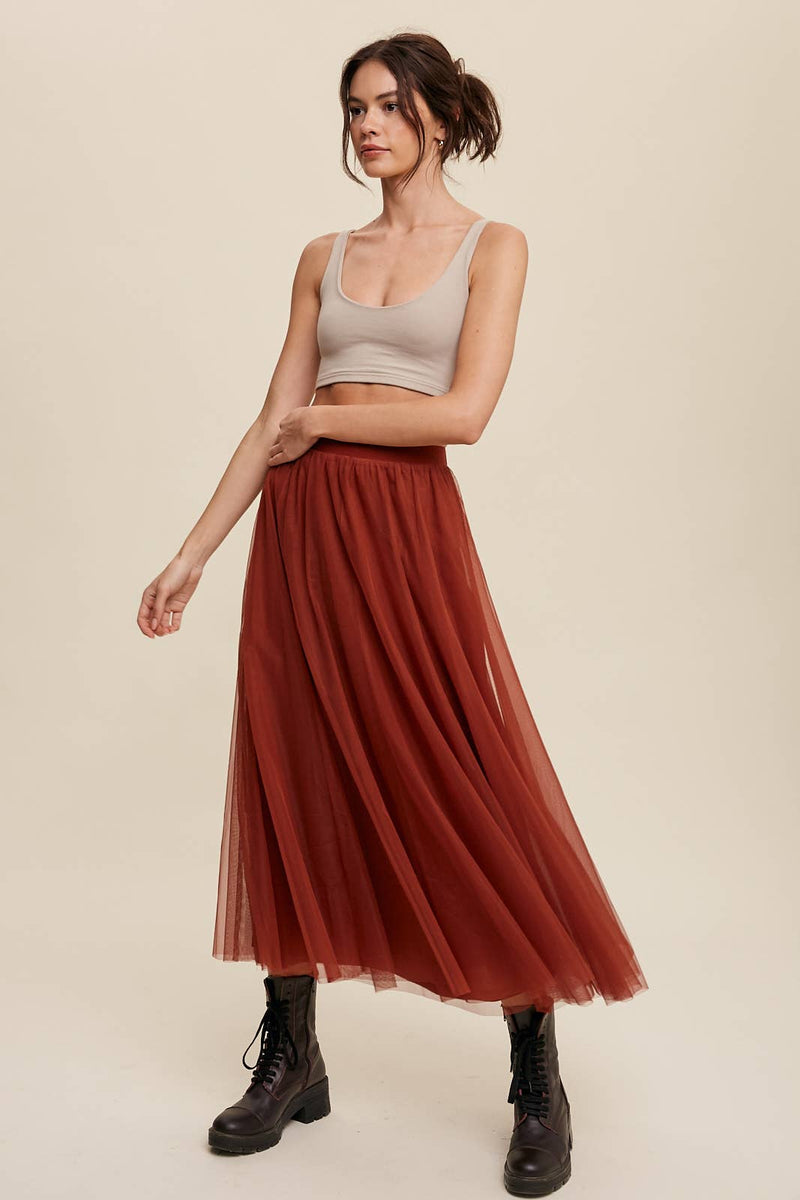 Rust Mesh Tulle Maxi Skirt