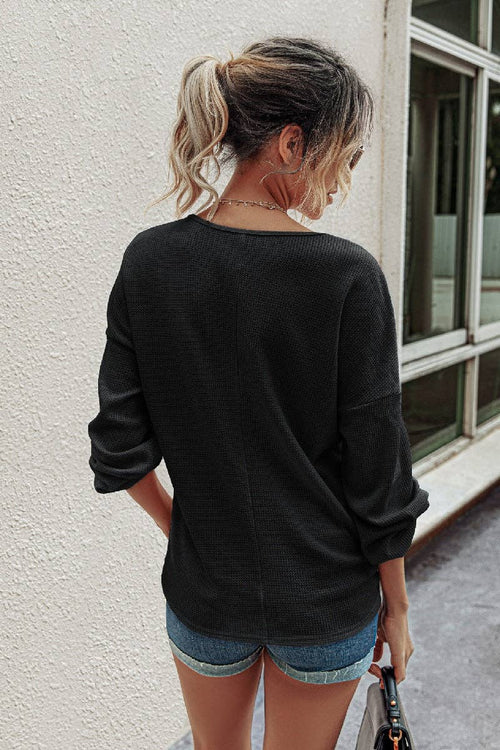 Waffle Knit Button V Neck Lantern Sleeve Top