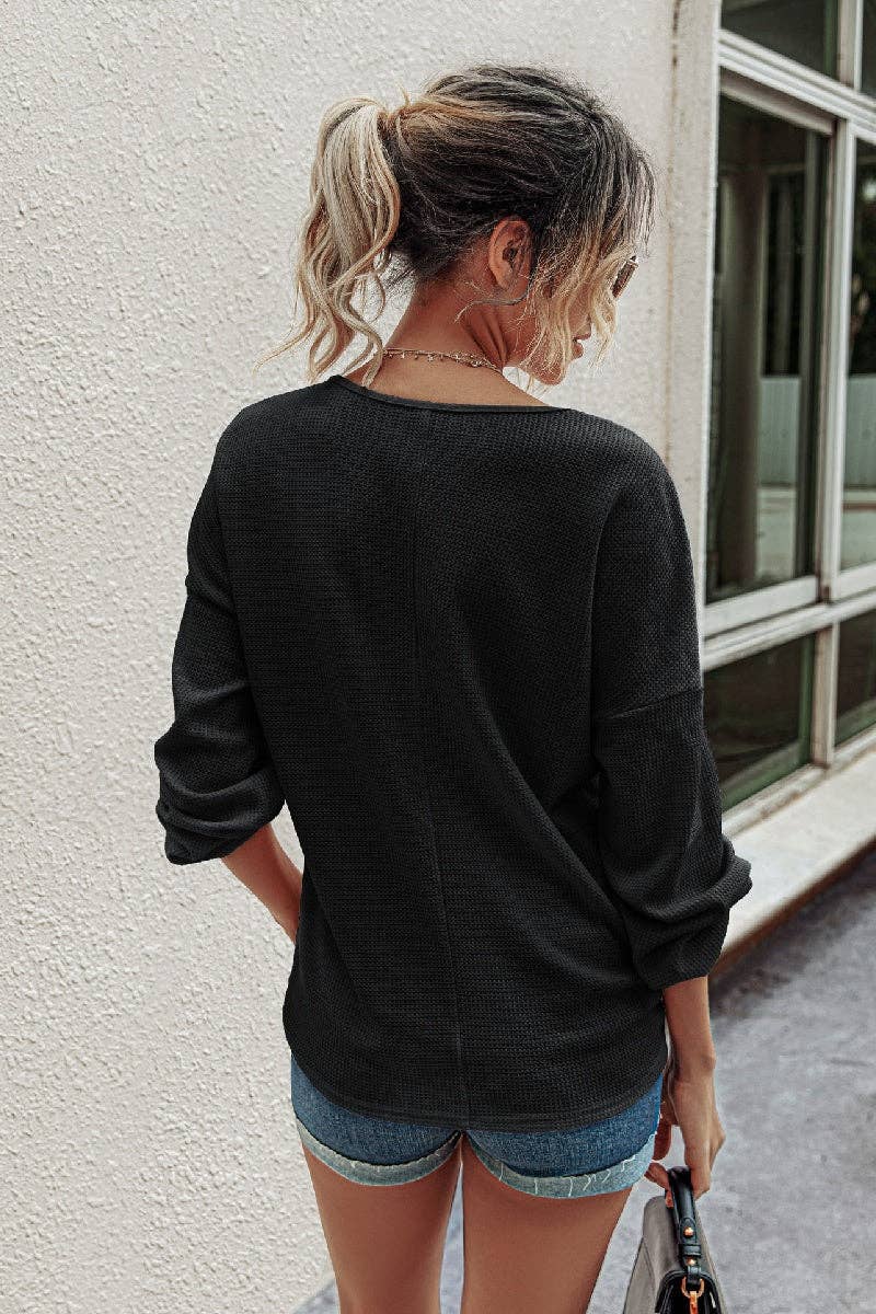 Waffle Knit Button V Neck Lantern Sleeve Top