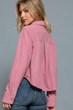 Long Sleeve Front Pocket Button Down Corduroy Crop Shirt