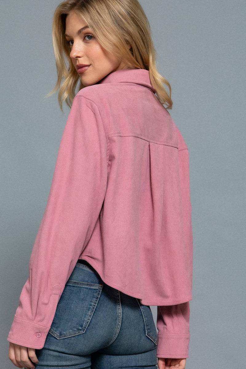 Long Sleeve Front Pocket Button Down Corduroy Crop Shirt