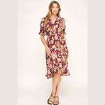 Autumn Red Floral Faux Wrap Dress