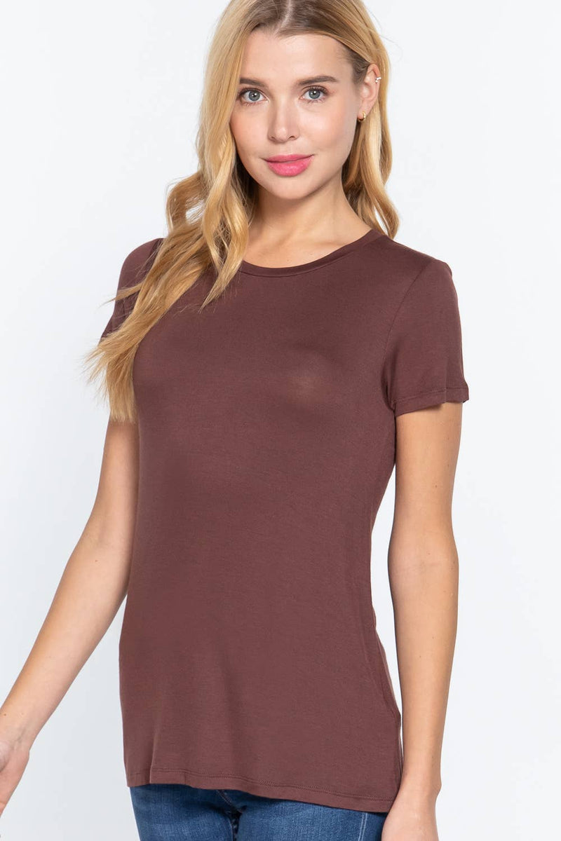 Crew Neck Rayon Spandex Tee in Dark Brown, Light Brown, and Black