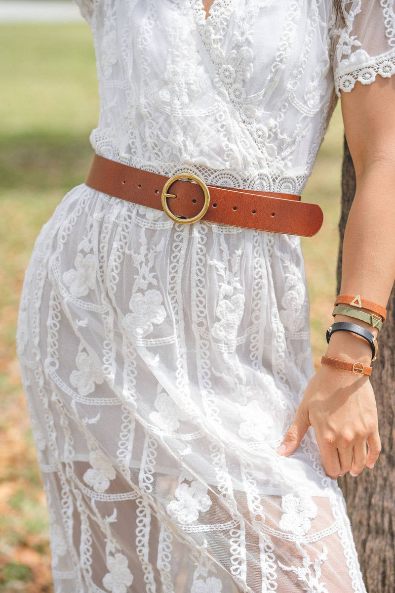 Wide Brass-Toned Circle Buckle Leather Belt in Black or Brown