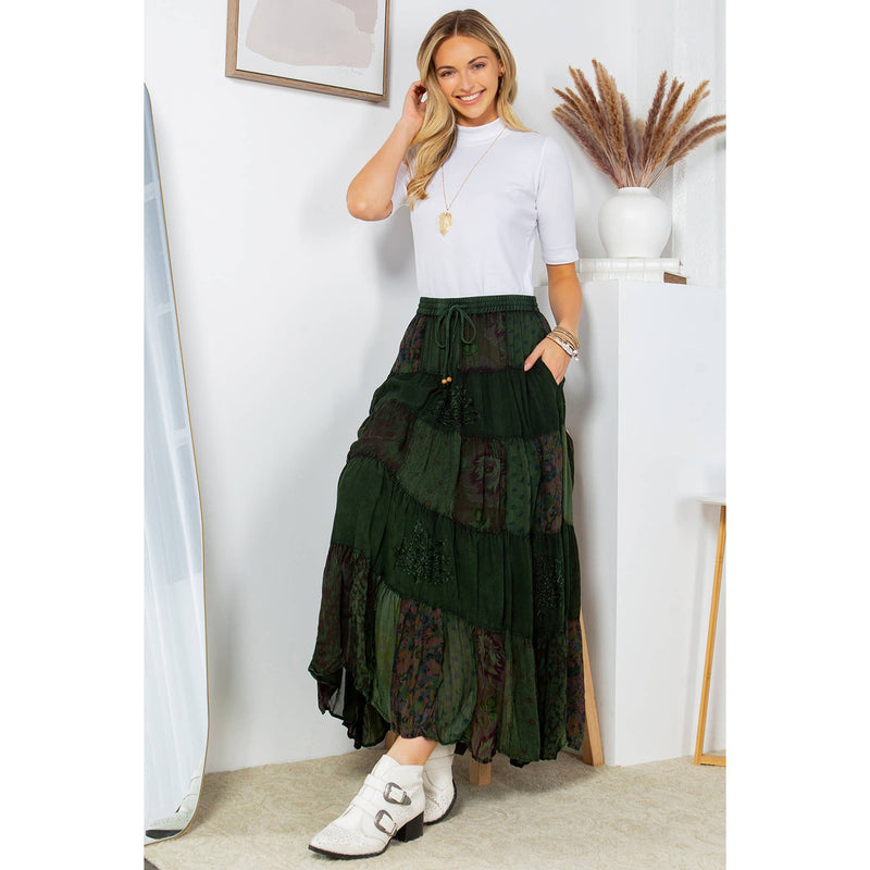Deep Green Printed Georgette Patchwork Skirt