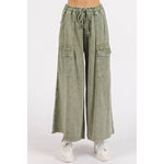 WASHED FRENCH TERRY CARGO ELASTIC WAIST WIDE LEG PANTS