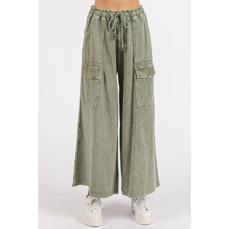 WASHED FRENCH TERRY CARGO ELASTIC WAIST WIDE LEG PANTS