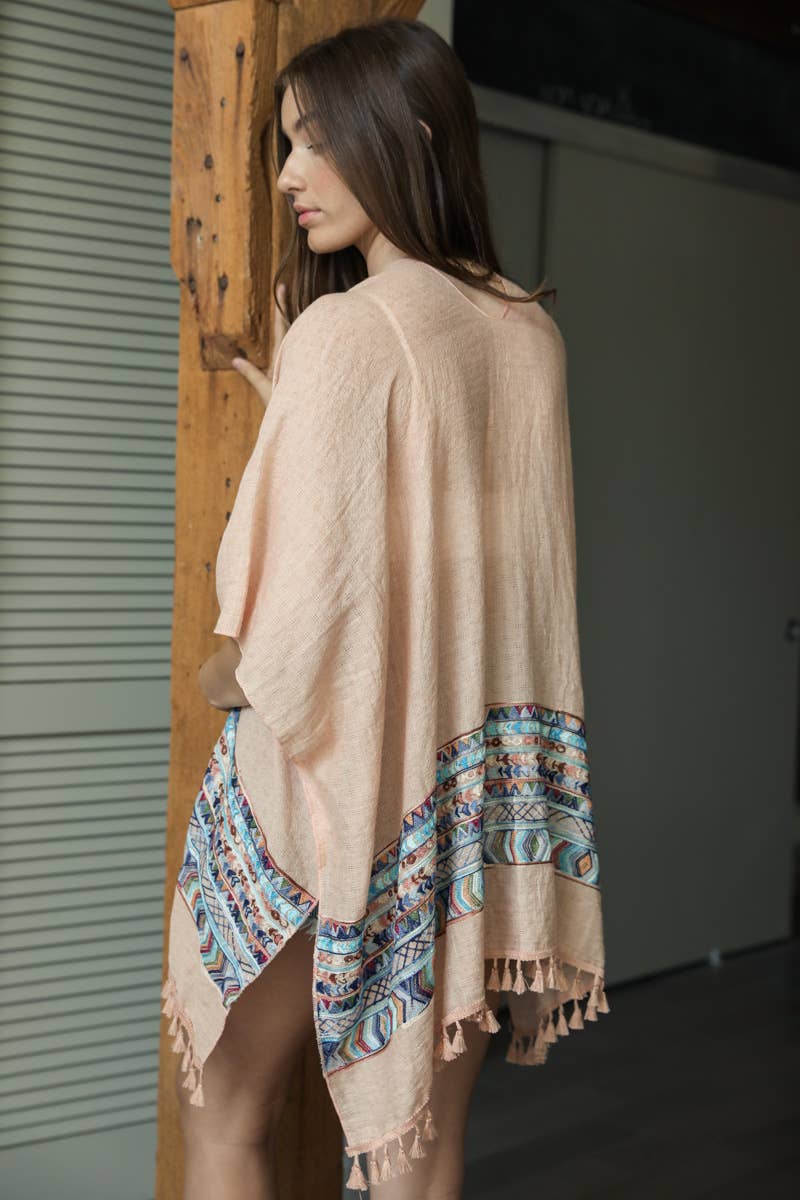 Geometric Embroidered Kimono with Tassels in Black or Ivory