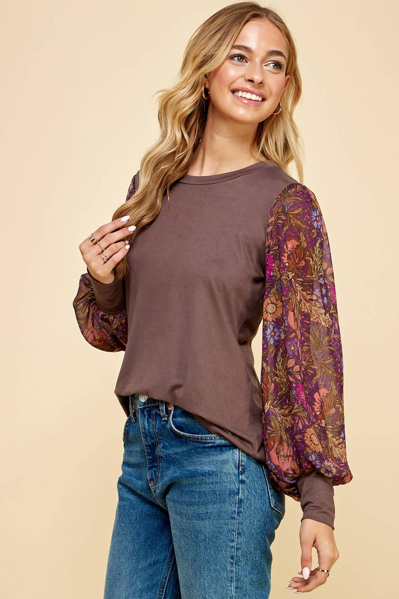 Solid Top with Printed Floral Sleeves