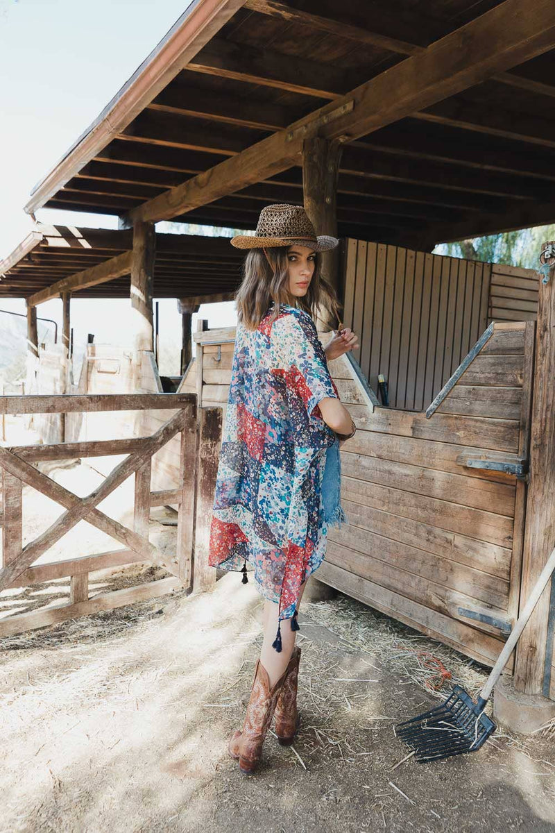 Cowgirl Vibrant Floral Kimono Wrap in Navy